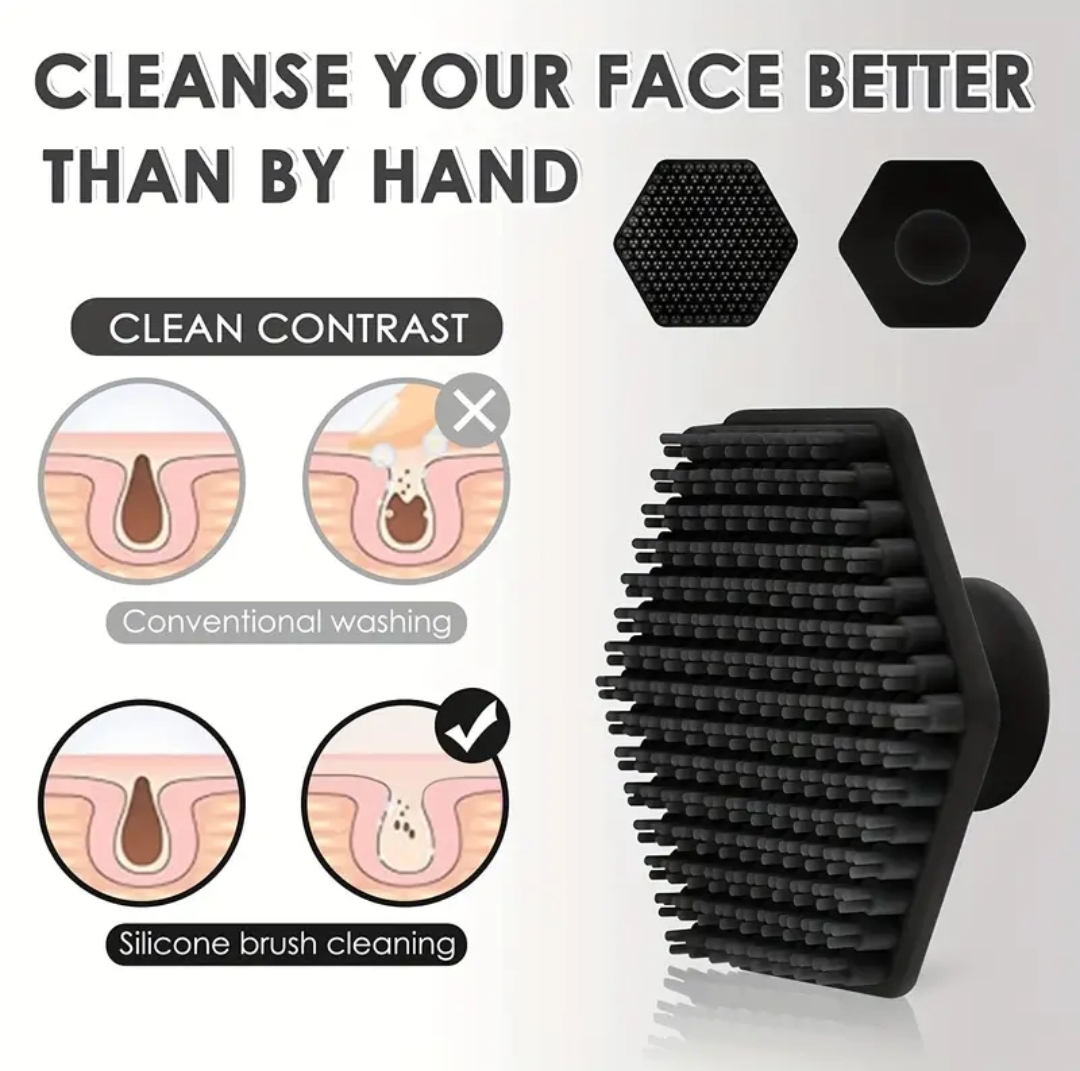 Pincel de silicone preto para limpeza facial com texto explicativo e diagramas em inglês