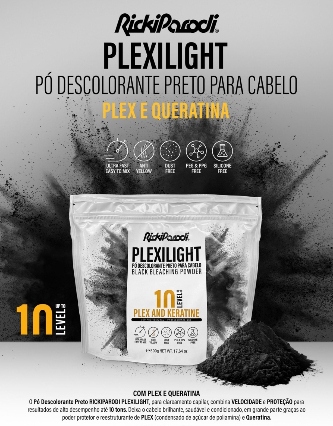Embalagem branca com texto de pó descolorante preto para cabelo Rickiparodi Plexilight com pó preto ao lado, fundo escuro com partículas.
