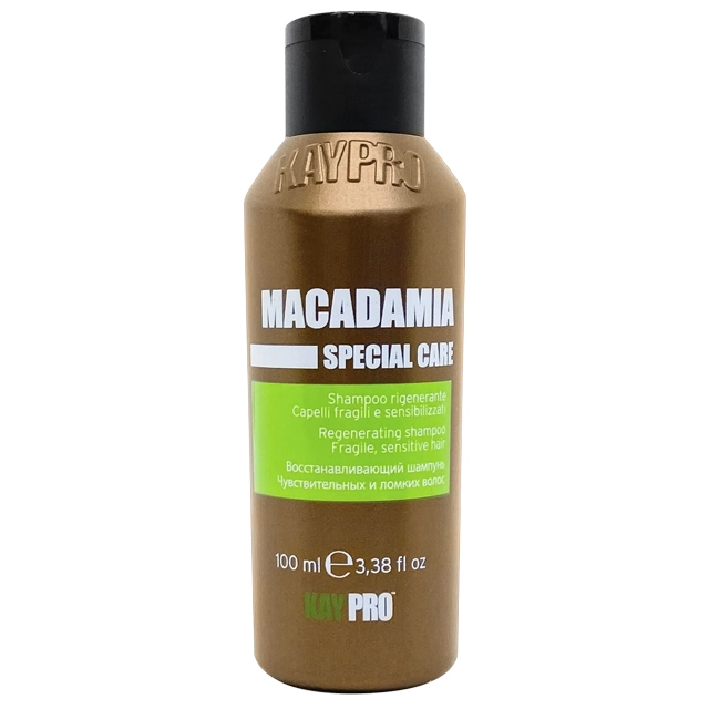 Frasco bronze de champô Macadamia Special Care com tampa preta e etiqueta verde e branca
