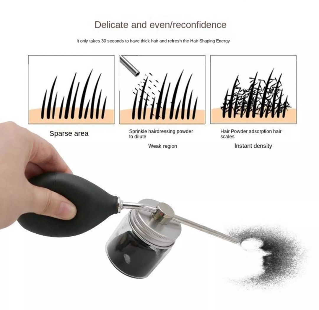 frasco com aplicador a soprar pó preto próximo a ilustração de cabelo