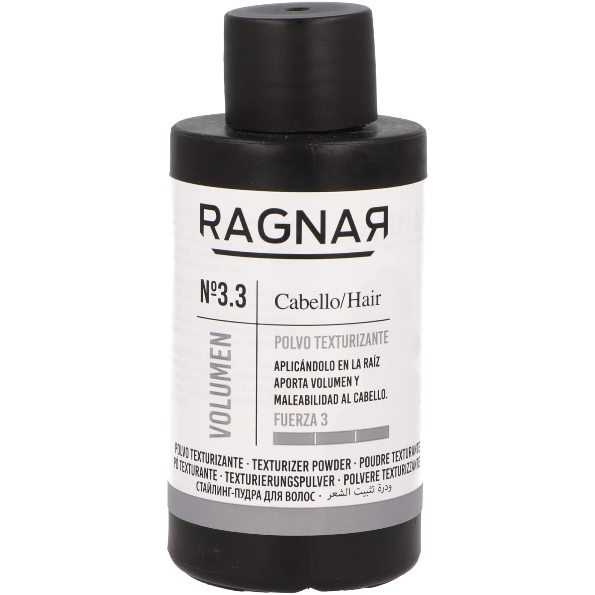 Frasco preto de pó texturizante para cabelo RAGNAR Nº3.3 com rótulo branco