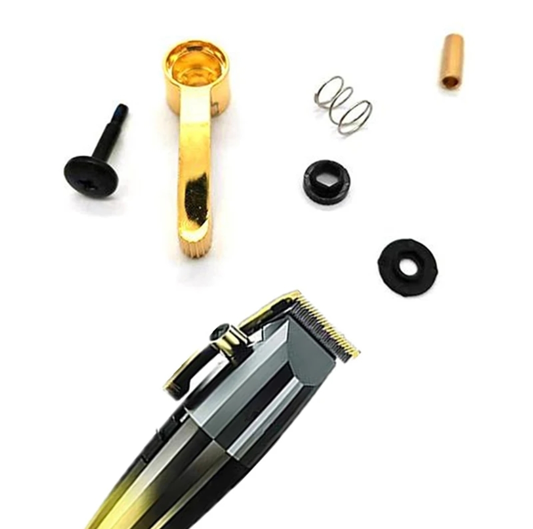 Aparador de cabelo preto e cinza com lâmina metálica e peças pequenas