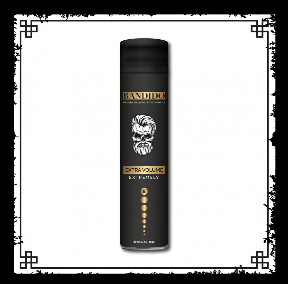 Frasco preto de produto cosmético BANDIDO com texto dourado e branco e imagem de caveira estilizada