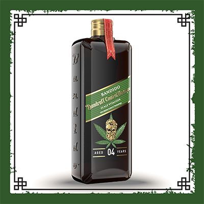 Frasco preto retangular do shampoo Bandido Dandruff Control com etiqueta verde e folha de cannabis