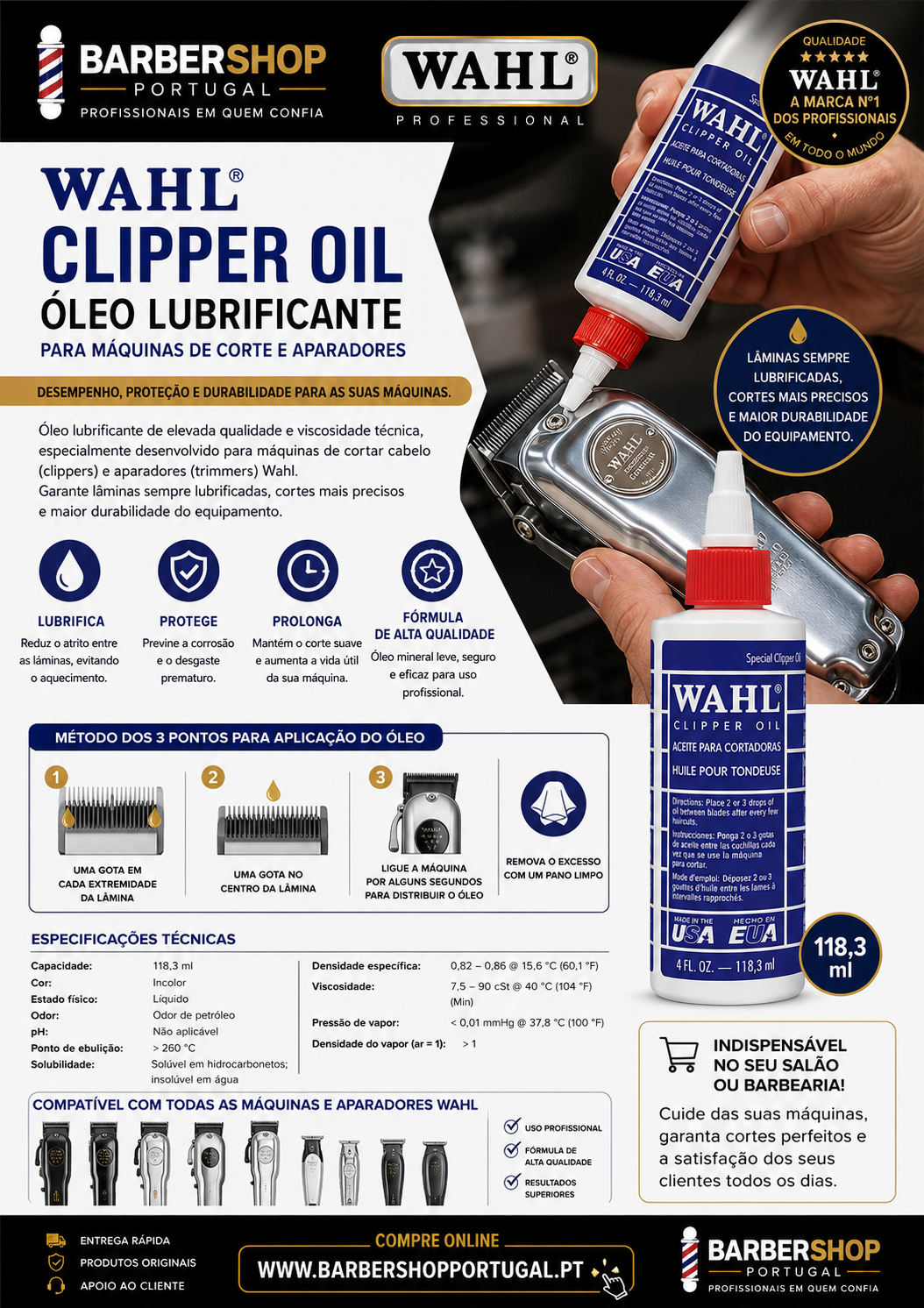 Frasco branco e azul de óleo lubrificante Wahl Clipper Oil para máquinas, mãos aplicando óleo numa máquina metálica