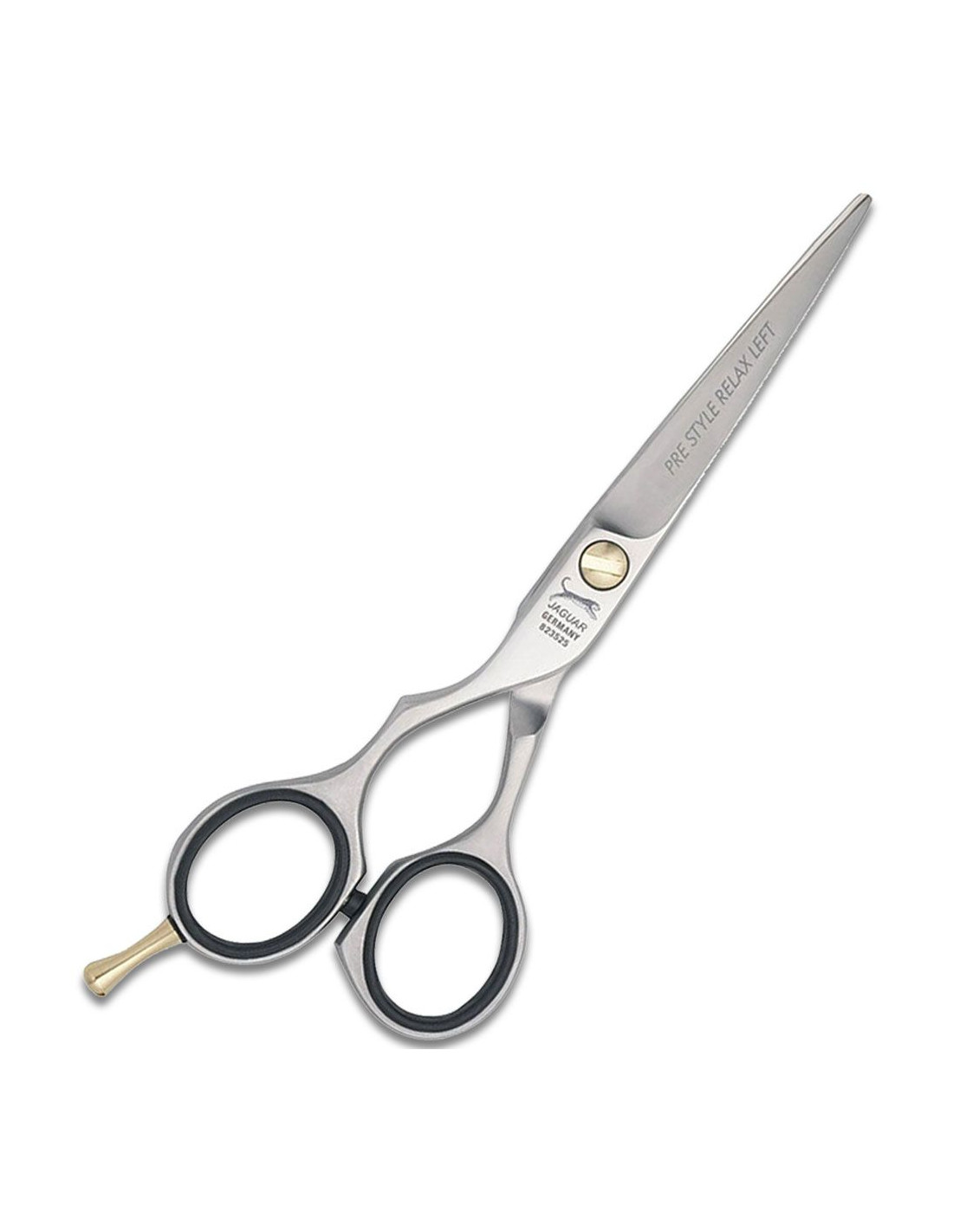 Tesoura profissional de cabeleireiro prateada com cabos pretos e texto visível nas lâminas.