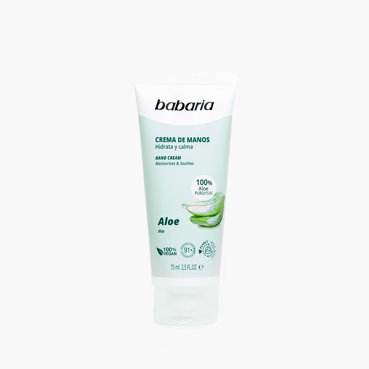 Creme de mãos Babaria Aloe em tubo branco e verde claro