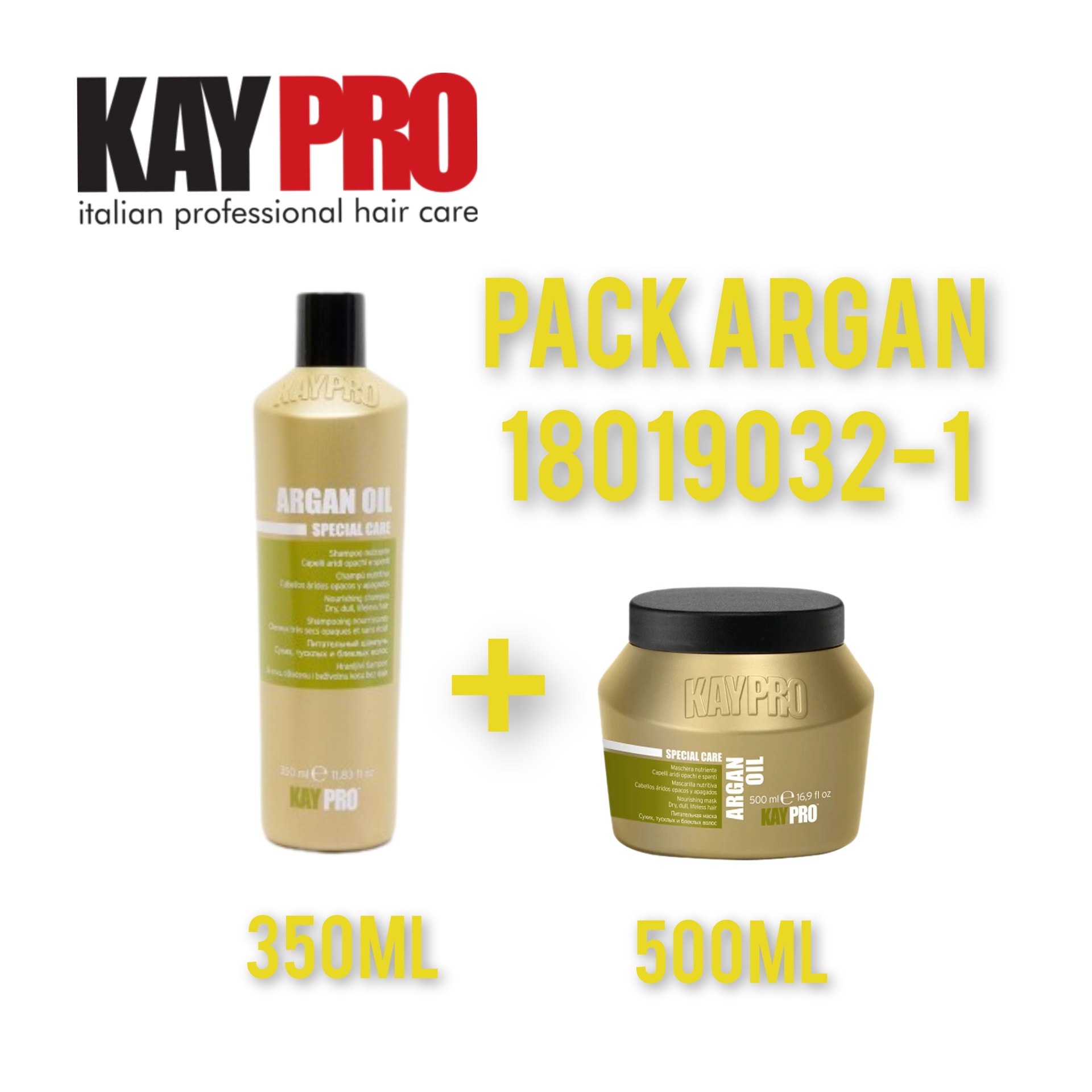 Pack KAY PRO Argan Oil com frasco 350ml e pote 500ml dourados