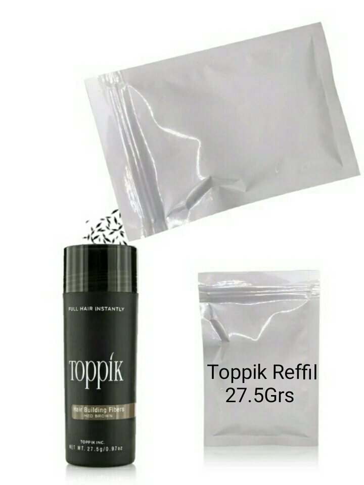 Frasco preto de fibras para cabelo Toppik e duas embalagens prata para recarga