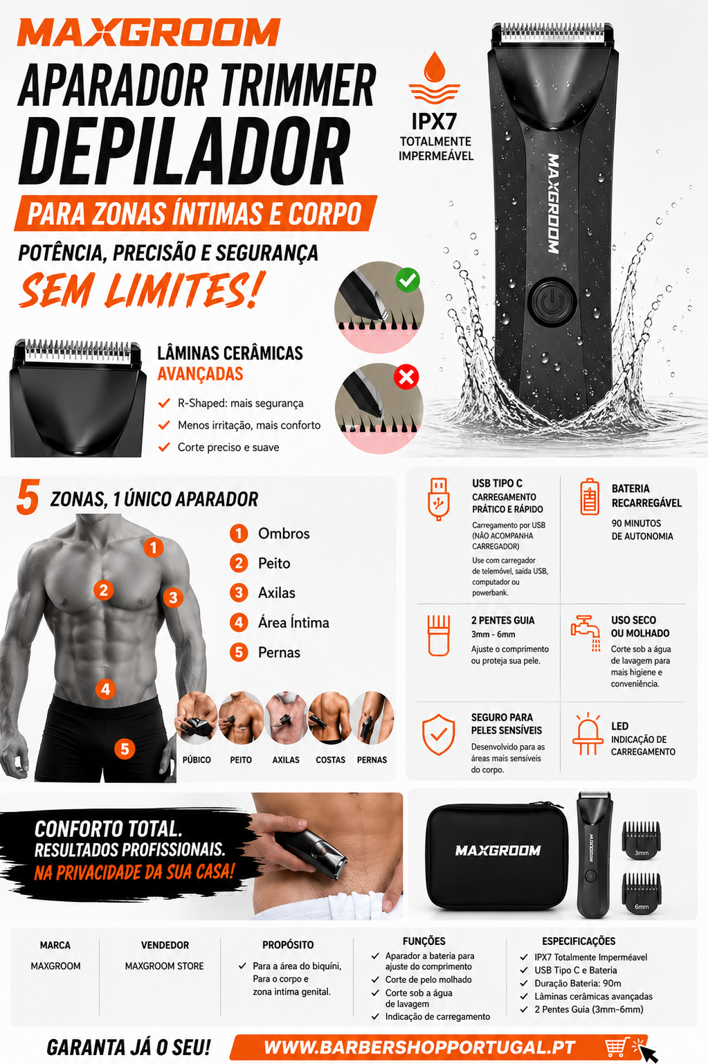 Aparador depilador MAXGROOM preto com pentes guia e bolsa, em fundo branco.