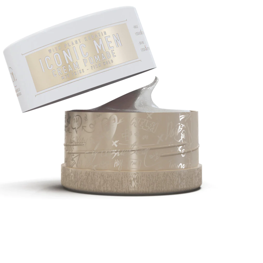 Pote aberto de pomada para cabelo Iconic Men Cream Pomade com tampa branca e base bege