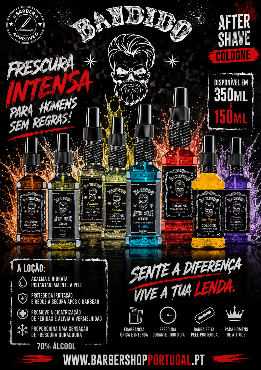 Frascos de after shave Bandido com texto promocional em fundo preto