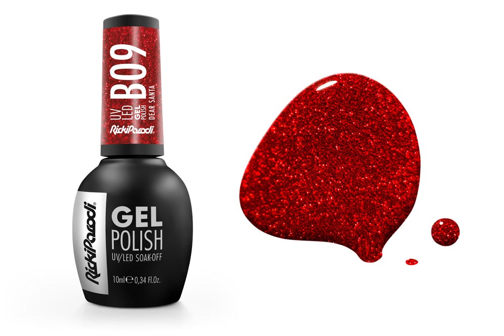 Esmalte em gel vermelho brilhante Rich Proof B09 com embalagem preta e tampa vermelha glitter