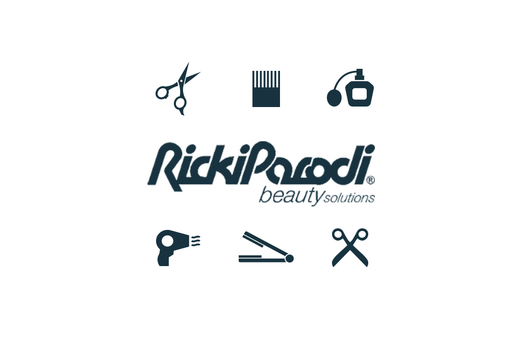 Logótipo Ricki Parodi beautysolutions com ícones de ferramentas de beleza