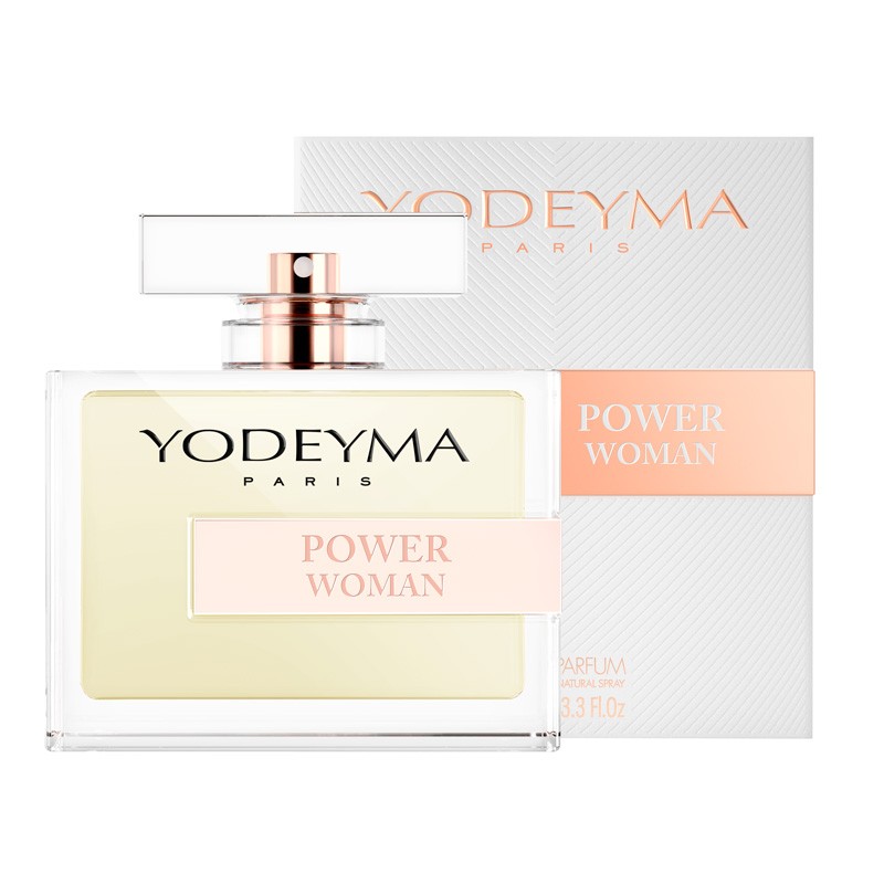 Frasco de perfume Yodeyma Power Woman com embalagem branca e detalhes cor de pêssego