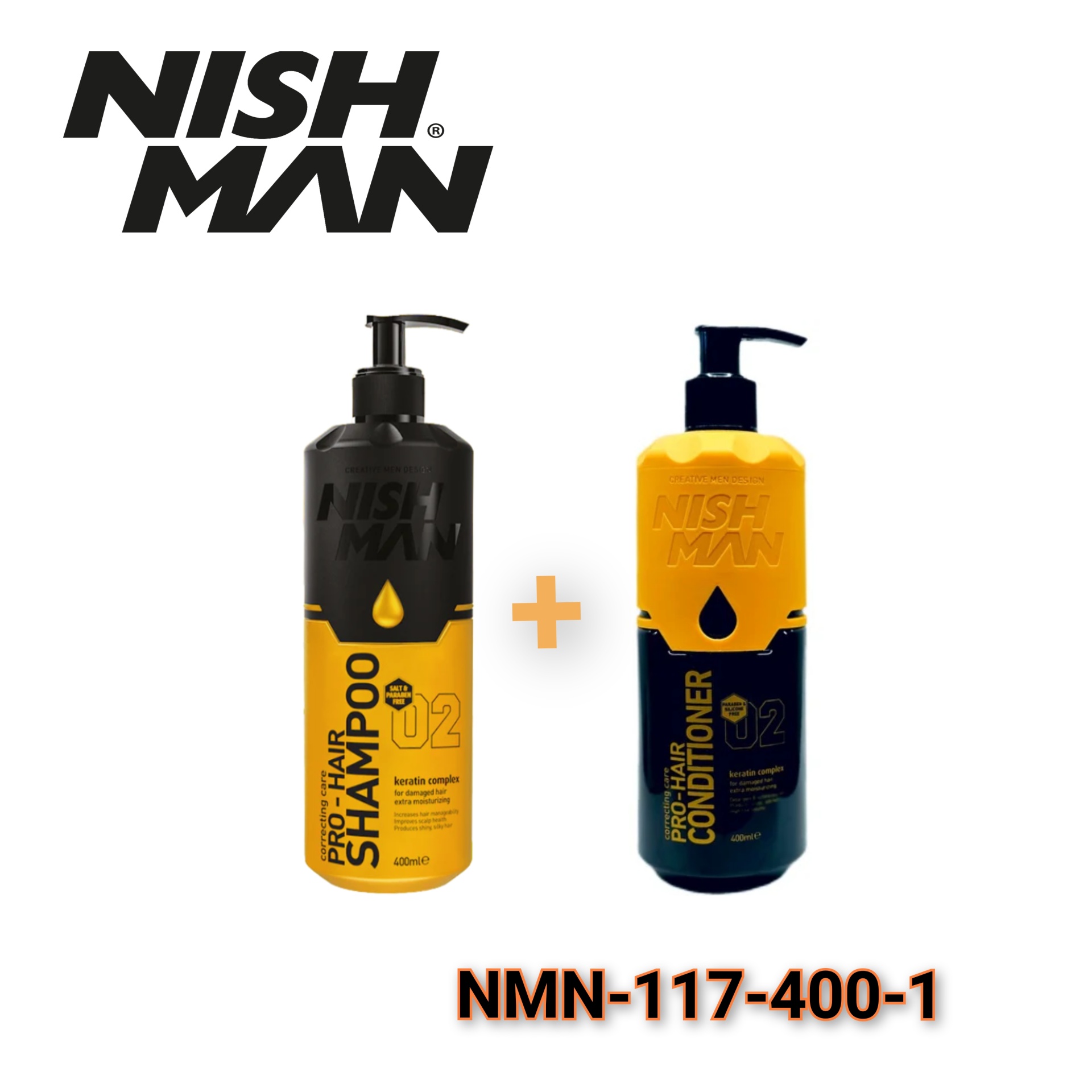 Conjunto de champô e condicionador NISH MAN preto e amarelo com doseadores