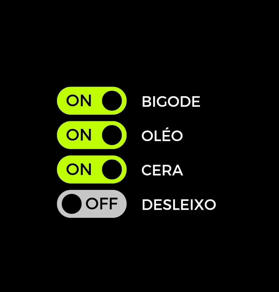 Quatro interruptores com texto BIGODE, OLÉO, CERA e DESLEIXO em fundo preto