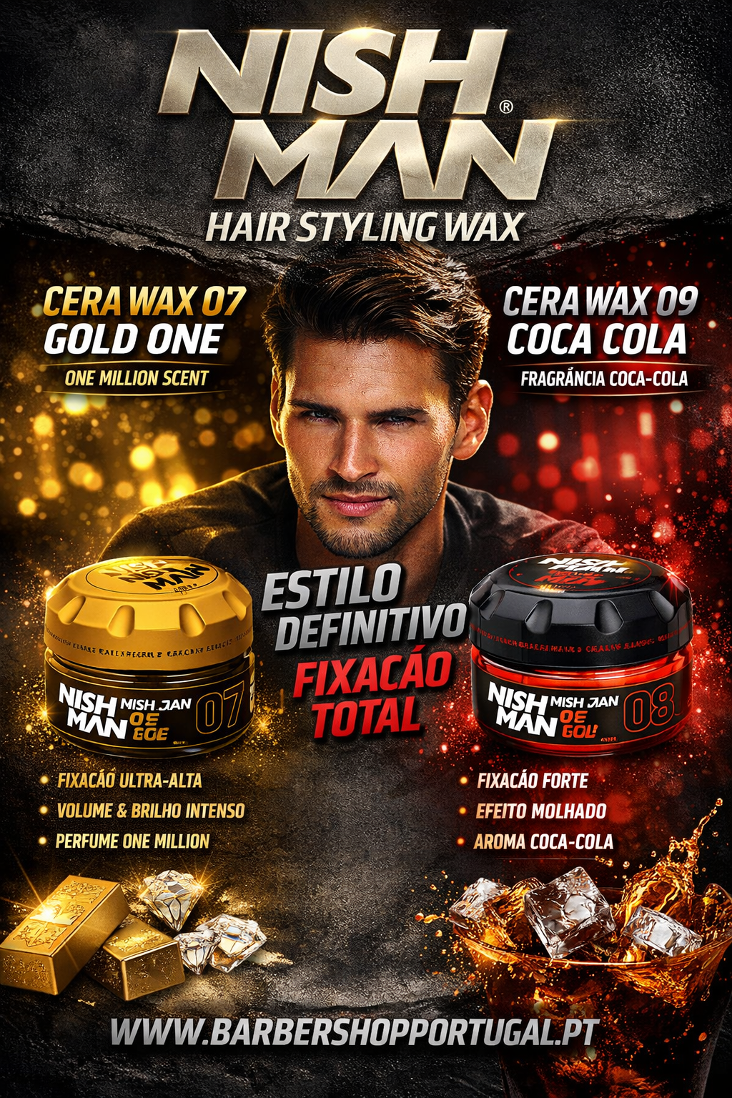 Dois frascos de ceras de cabelo Nish Man, uma dourada e outra preta com tampa vermelha, com textos promocionais e características dos produtos.