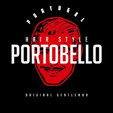 Logótipo PORTUGAL HAIR STYLE PORTOBELLO com rosto masculino vermelho em fundo preto