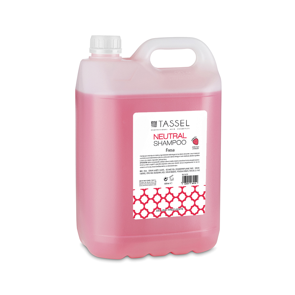 Recipiente plástico rosa com shampoo e etiqueta TASSEL Neutral Shampoo Fresa.