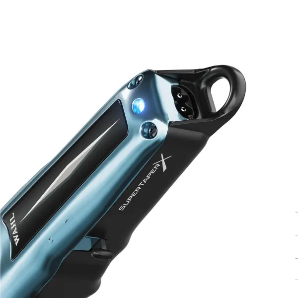 Carregador portátil para bicicleta eléctrica preto e azul com visor e luz LED
