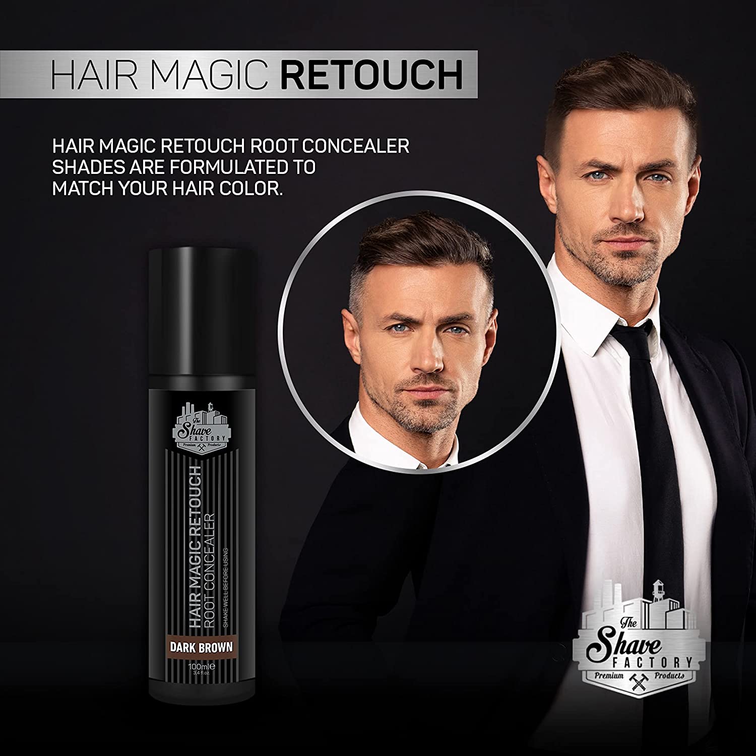 Produto cosmético Hair Magic Retouch para correção de raiz em castanho escuro com imagem de homem vestido formalmente
