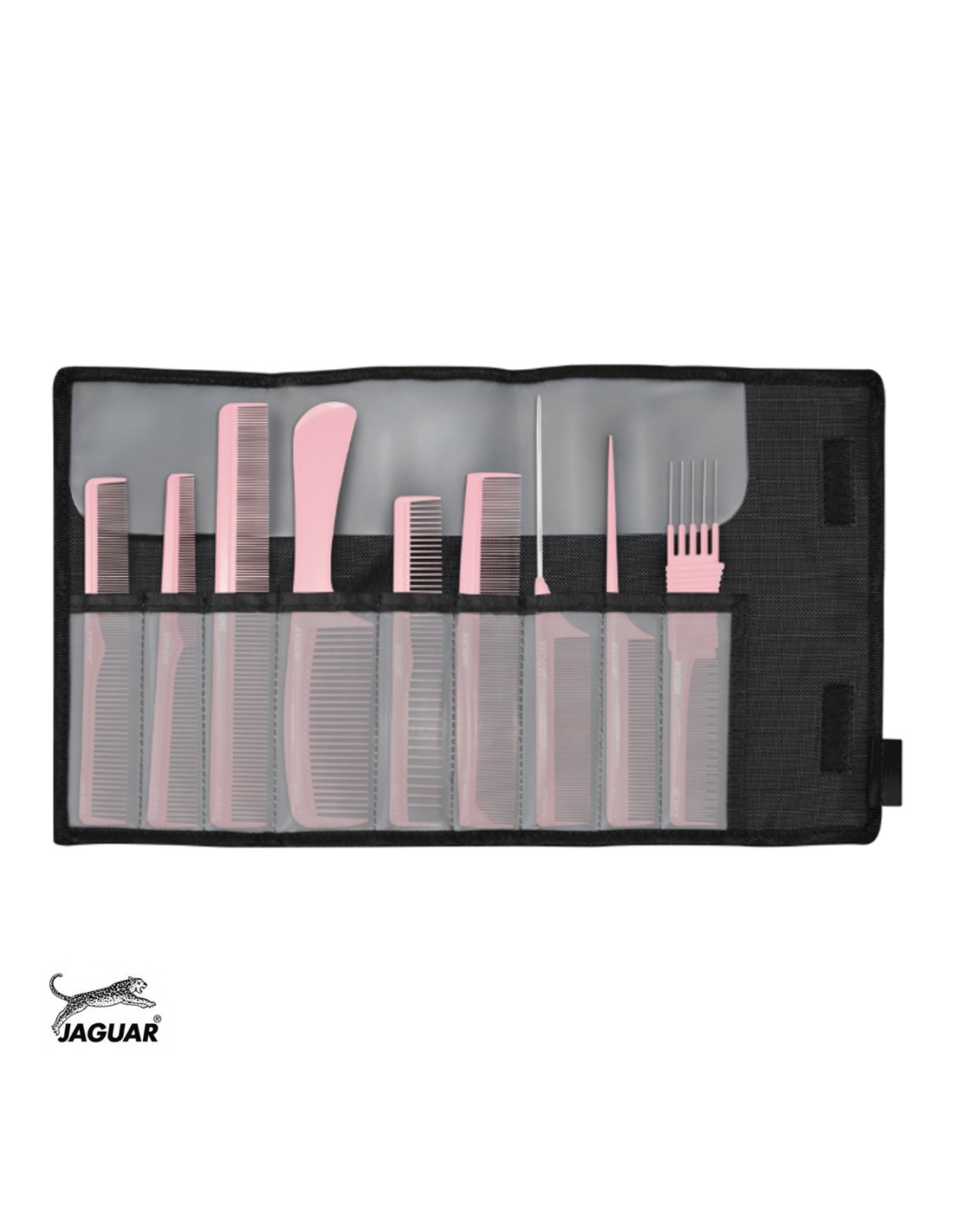 Conjunto de pentes de plástico rosa em bolsa preta organizada