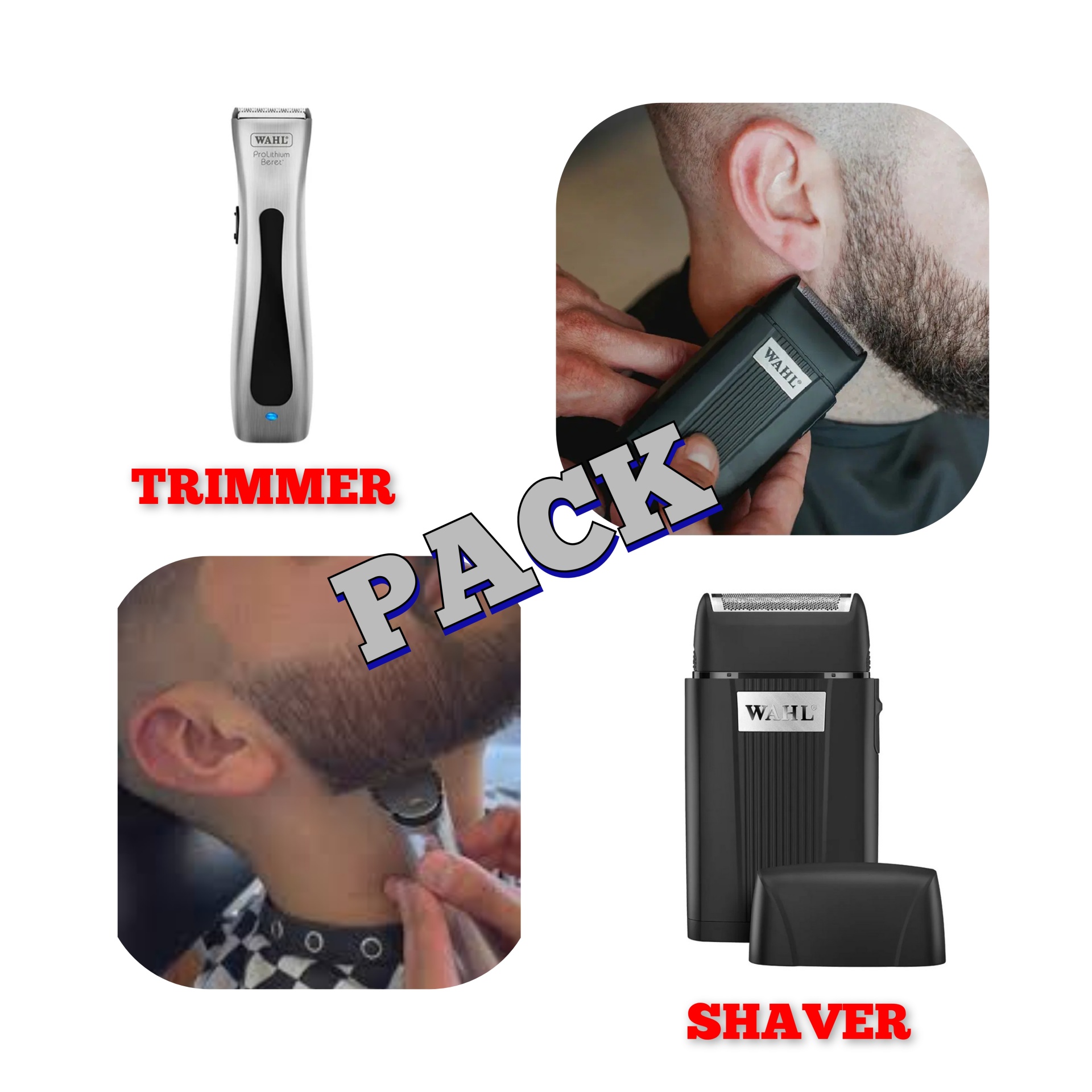 Aparadores e máquina de barbear elétrica W.X.L em uso, textos TRIMMER e SHAVER em vermelho.