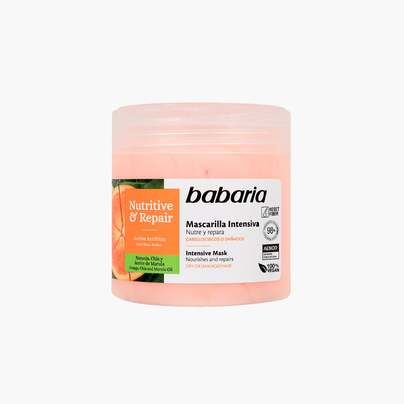 Máscara capilar Babaria Nutritive & Repair embalagem rosa com rótulo branco e laranja