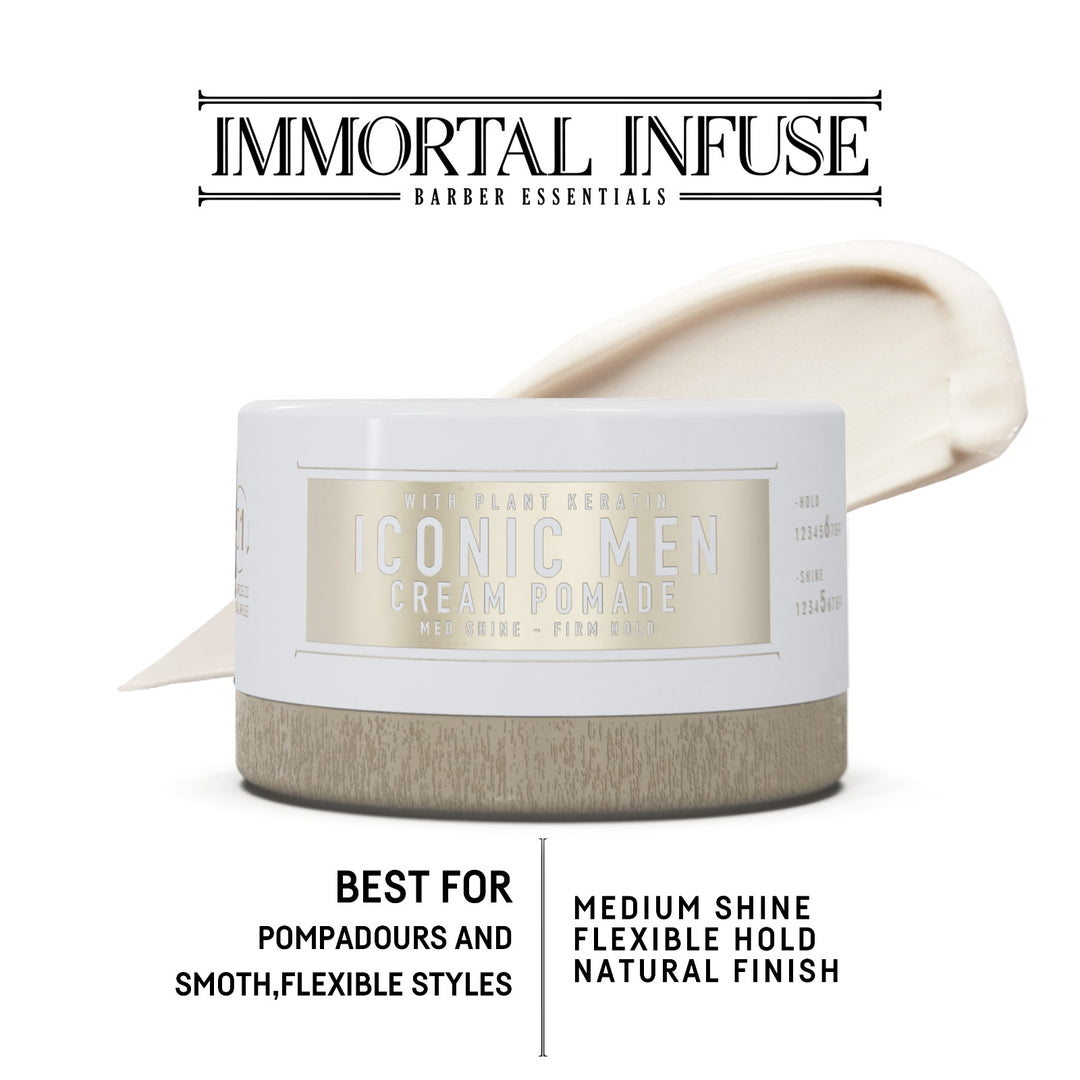 Pomada em creme para cabelo masculina com embalagem branca e rótulo prateado