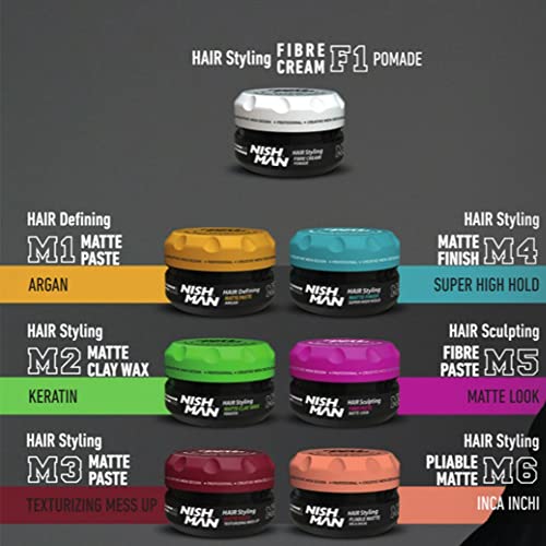 Set de potes coloridos de pomada para cabelo NISH MAN com rótulos e descrições variadas