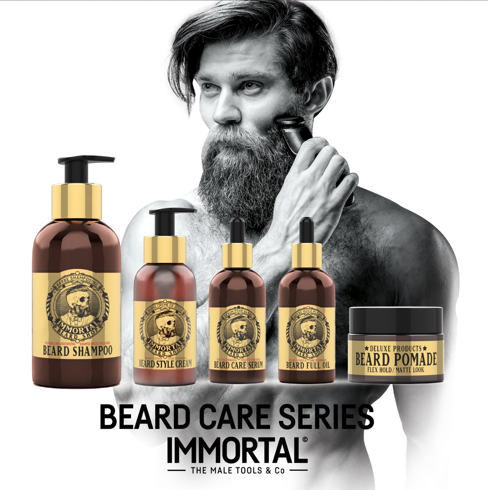 Linha de produtos para barba com rótulos dourados e pretos e homem a usar barbeador elétrico