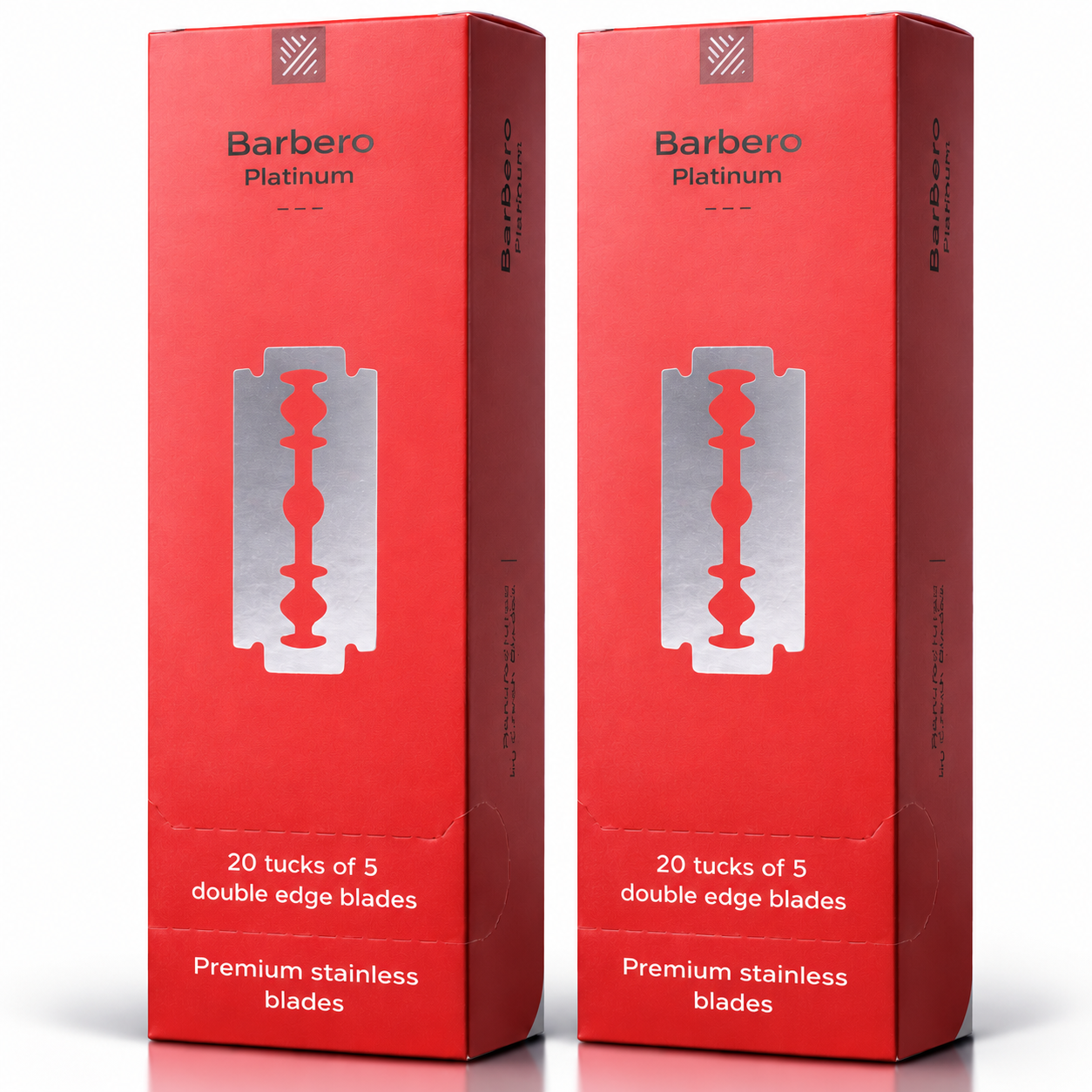 Embalagens vermelhas de lâminas de barbear Barbero Platinum com texto em branco