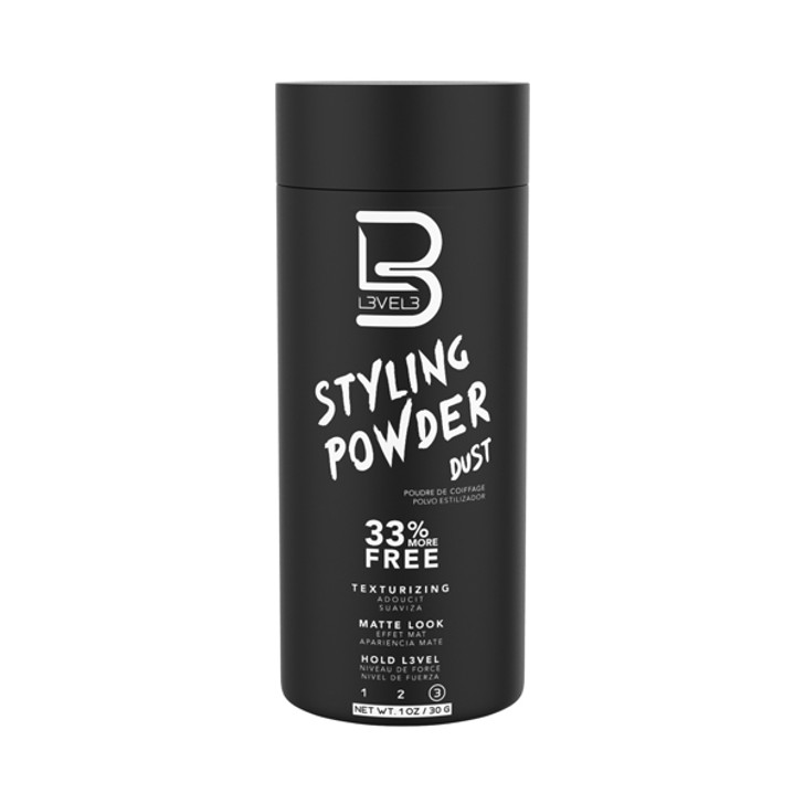 Frasco preto de styling powder com texto branco Level3