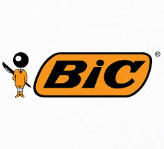 Logótipo da marca BIC com personagem e texto dentro de forma oval laranja