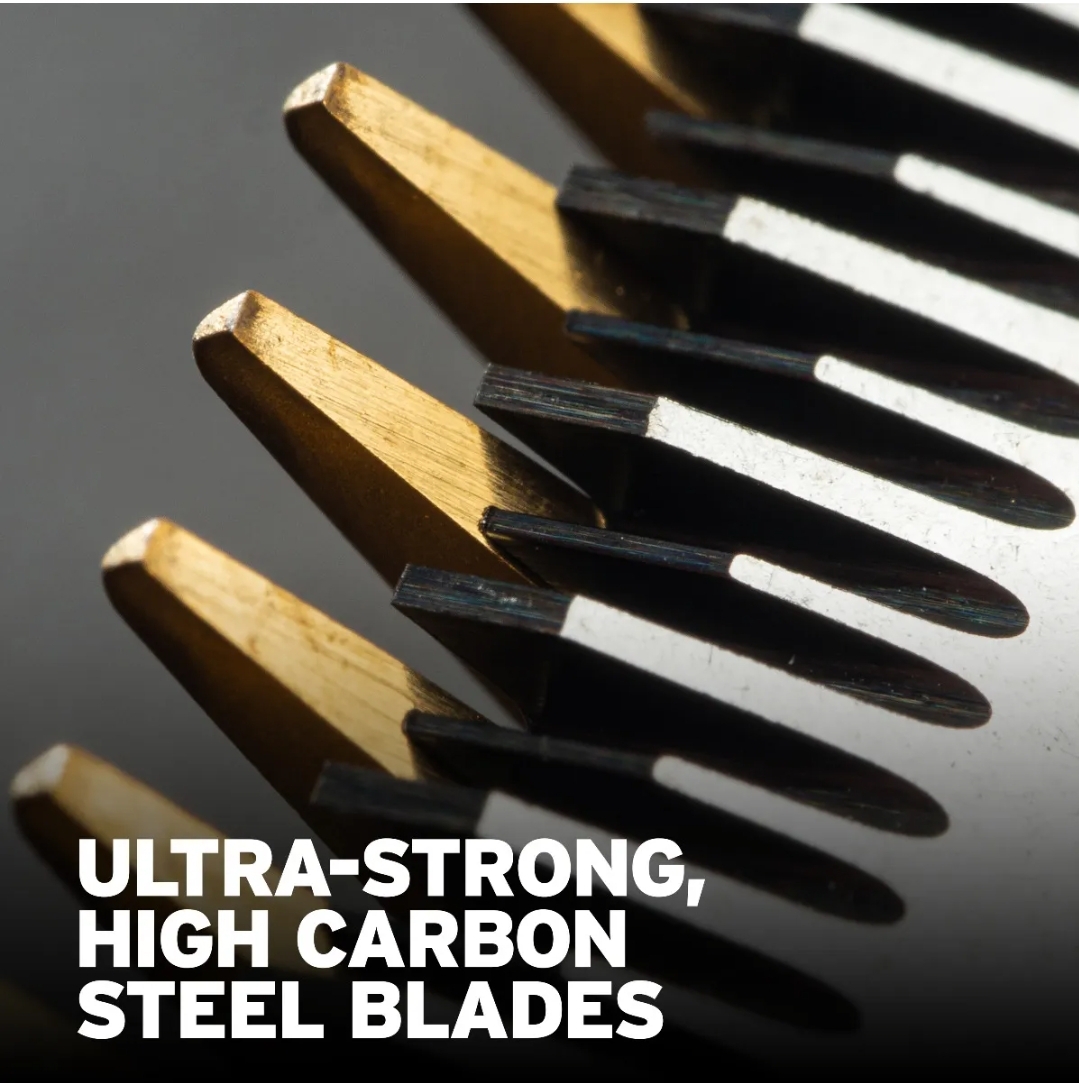 Lâminas de aço carbono ultra-fortes em close-up com texto promocional