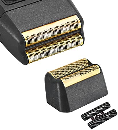 Aparelho de barbear elétrico preto com lâminas douradas e acessórios