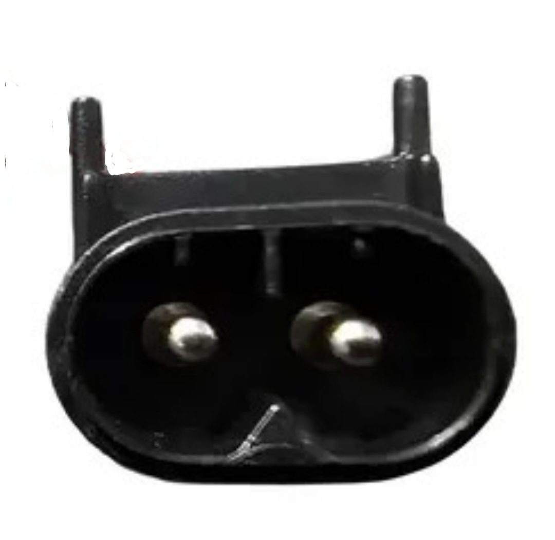 Conector elétrico preto oval com dois pinos metálicos