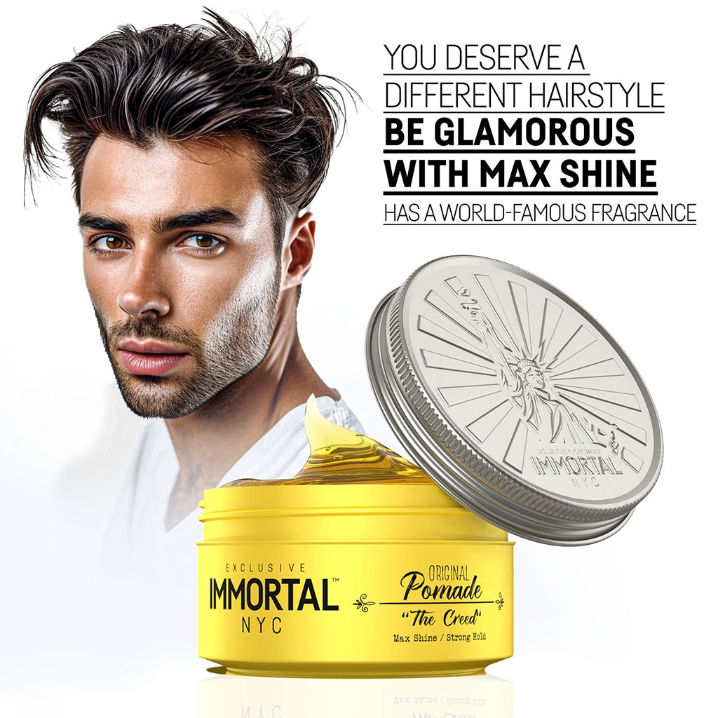 Pomada de cabelo amarela IMMORTAL NYC com tampa prateada e homem com cabelo estilizado.