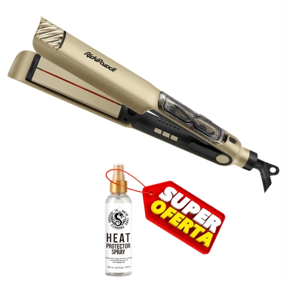 Alisador de cabelo dourado com spray protetor térmico e etiqueta de super oferta