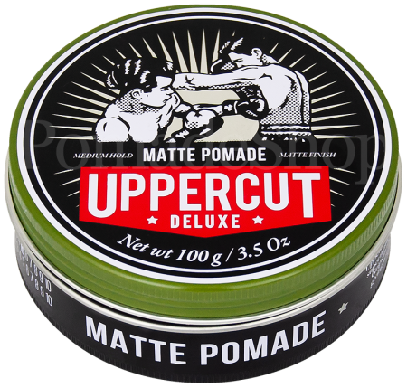 Pote de Matte Pomade Uppercut Deluxe com ilustração de boxe e texto em preto, branco e vermelho