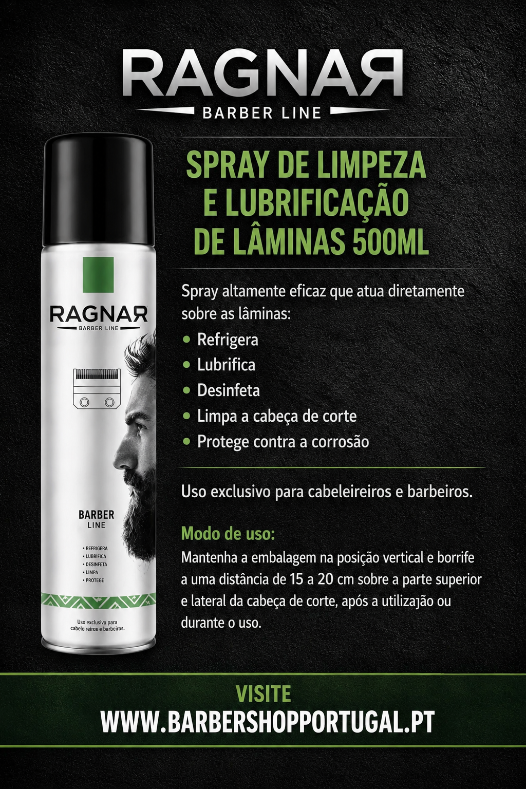 Spray de limpeza e lubrificação de lâminas RAGNAR Barber Line 500ml com instruções de uso e website
