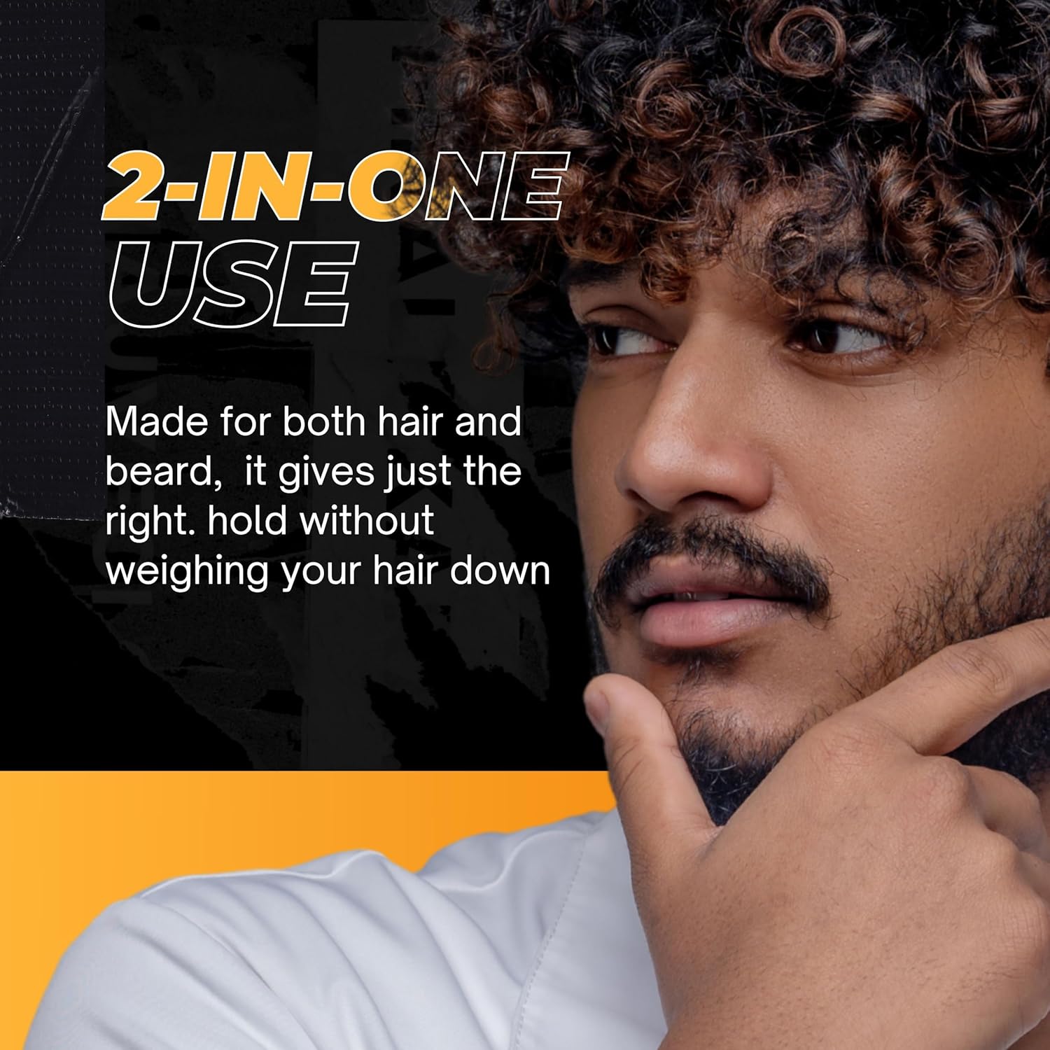 Homem com cabelo encaracolado e barba, texto promocional sobre produto para cabelo e barba.
