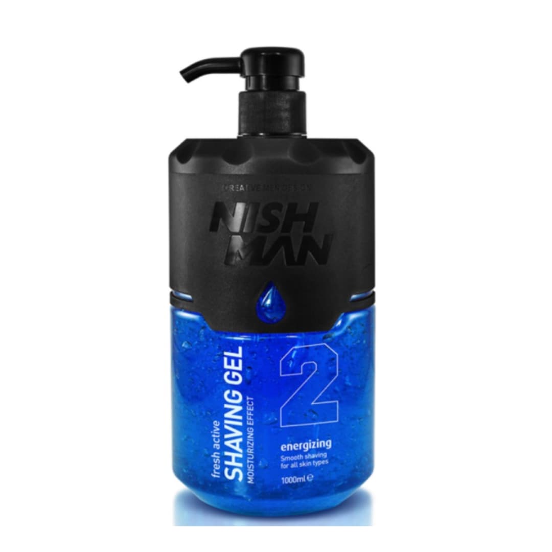 Frasco de gel de barbear preto e azul com pump e texto visível