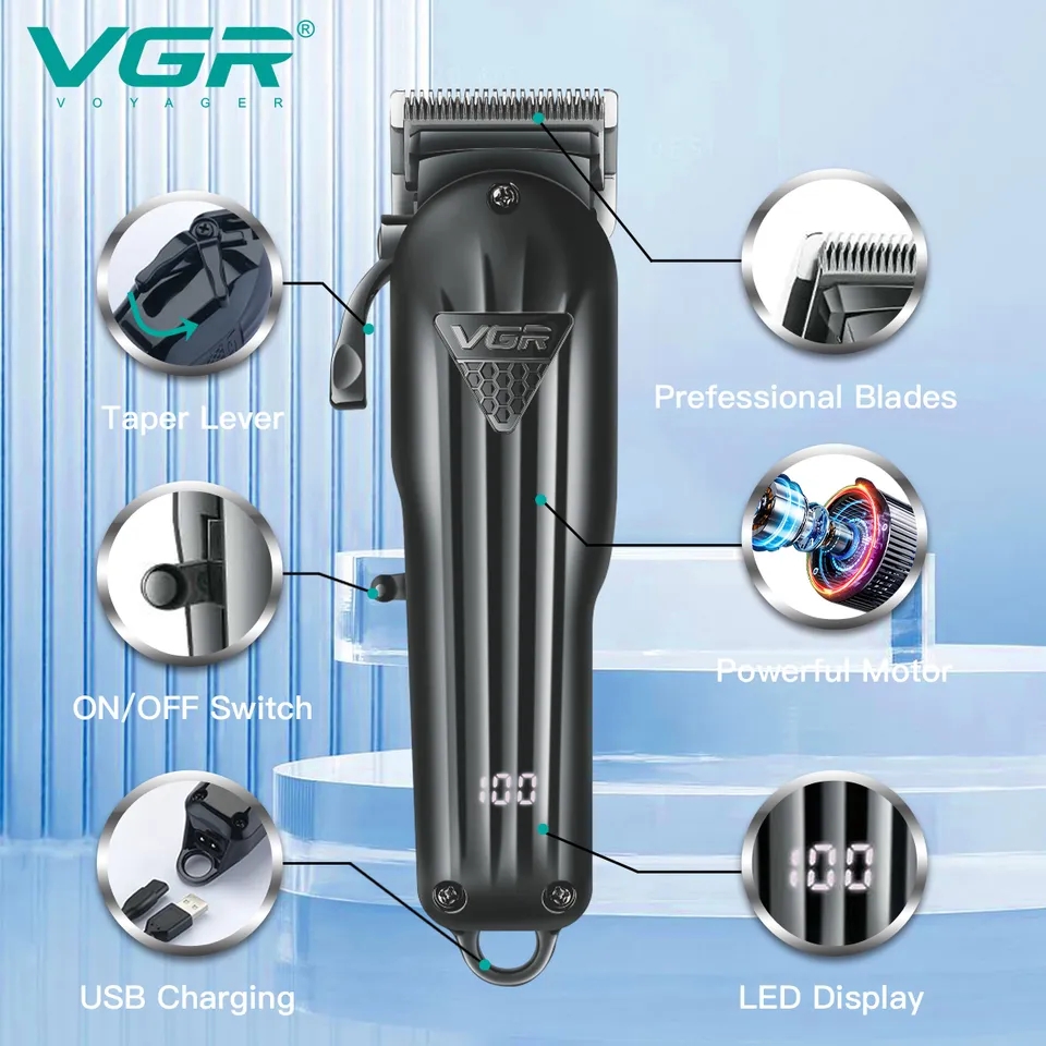 Máquina de cortar cabelo preta VGR com características e funcionalidades destacadas