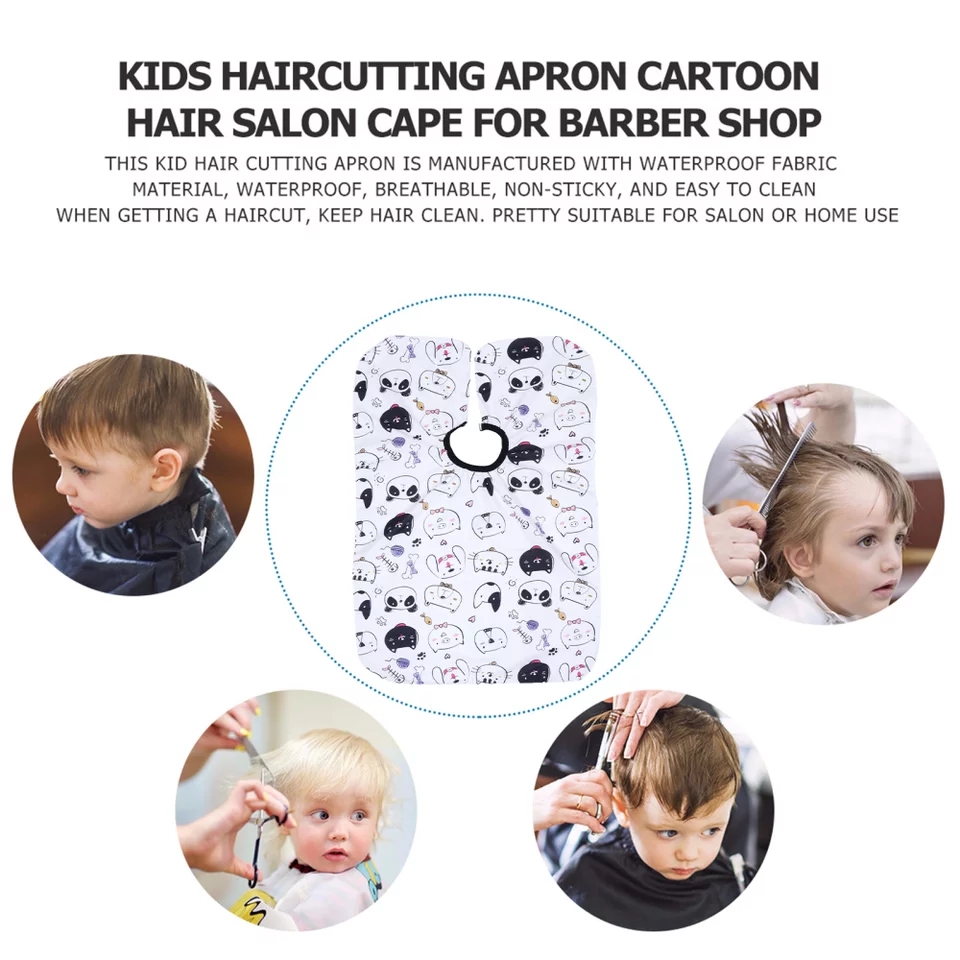 Capa de corte de cabelo para crianças com padrão de desenhos de pandas e imagens de crianças a serem cortadas.