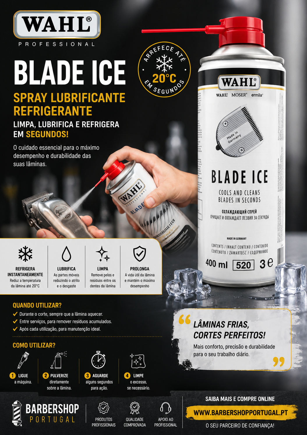 Lata de spray WAHL BLADE ICE branco com vermelho e preto