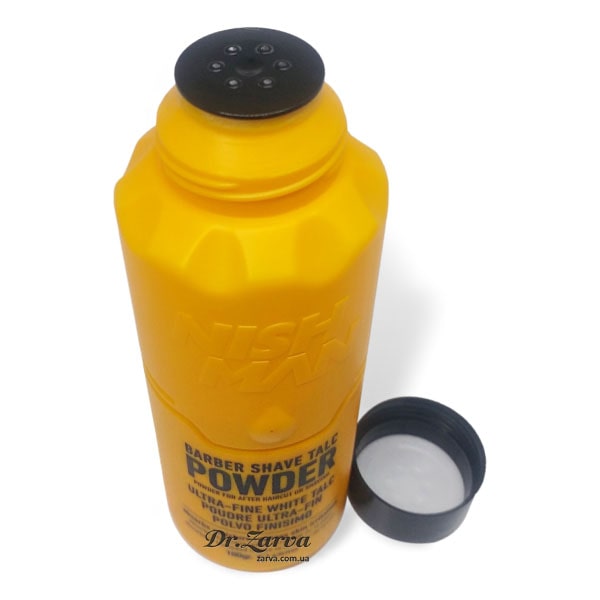 Frasco amarelo de pó de barbear Dr. Carva com tampa preta ao lado