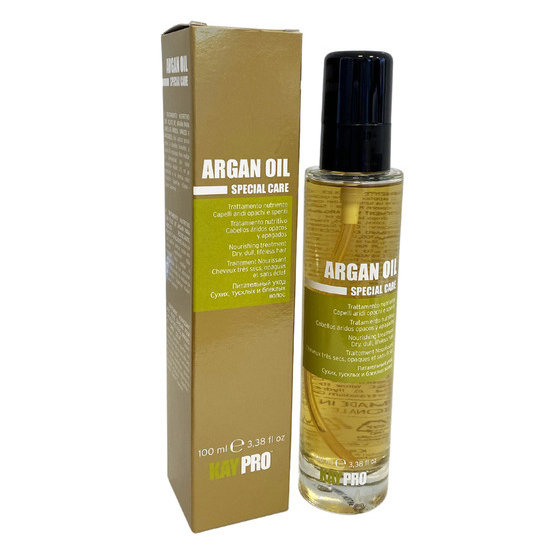 Frasco de óleo capilar Argan Oil Special Care e caixa dourada ao lado.