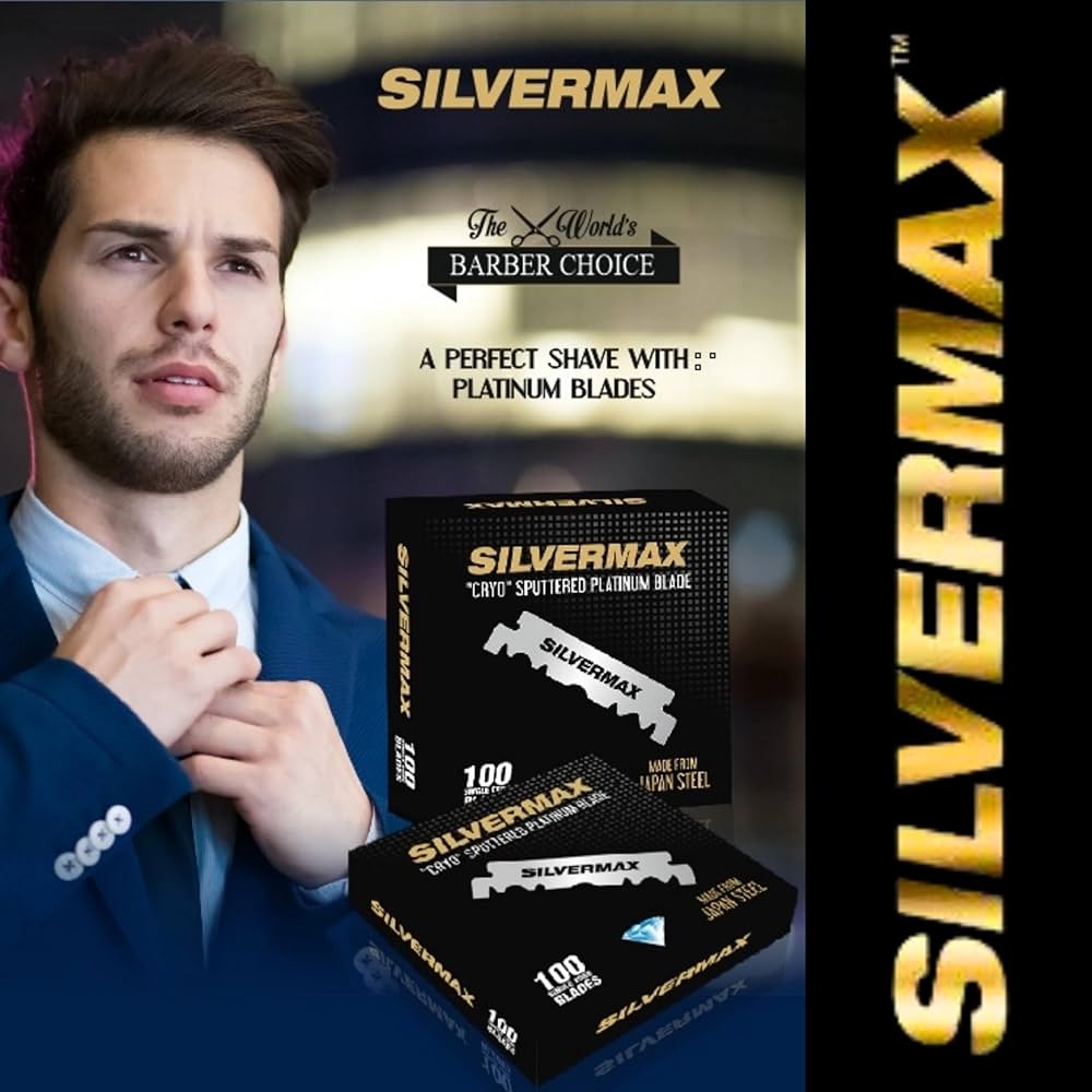 Embalagem preta de lâminas de barbear Silvermax ao lado de homem de fato azul.